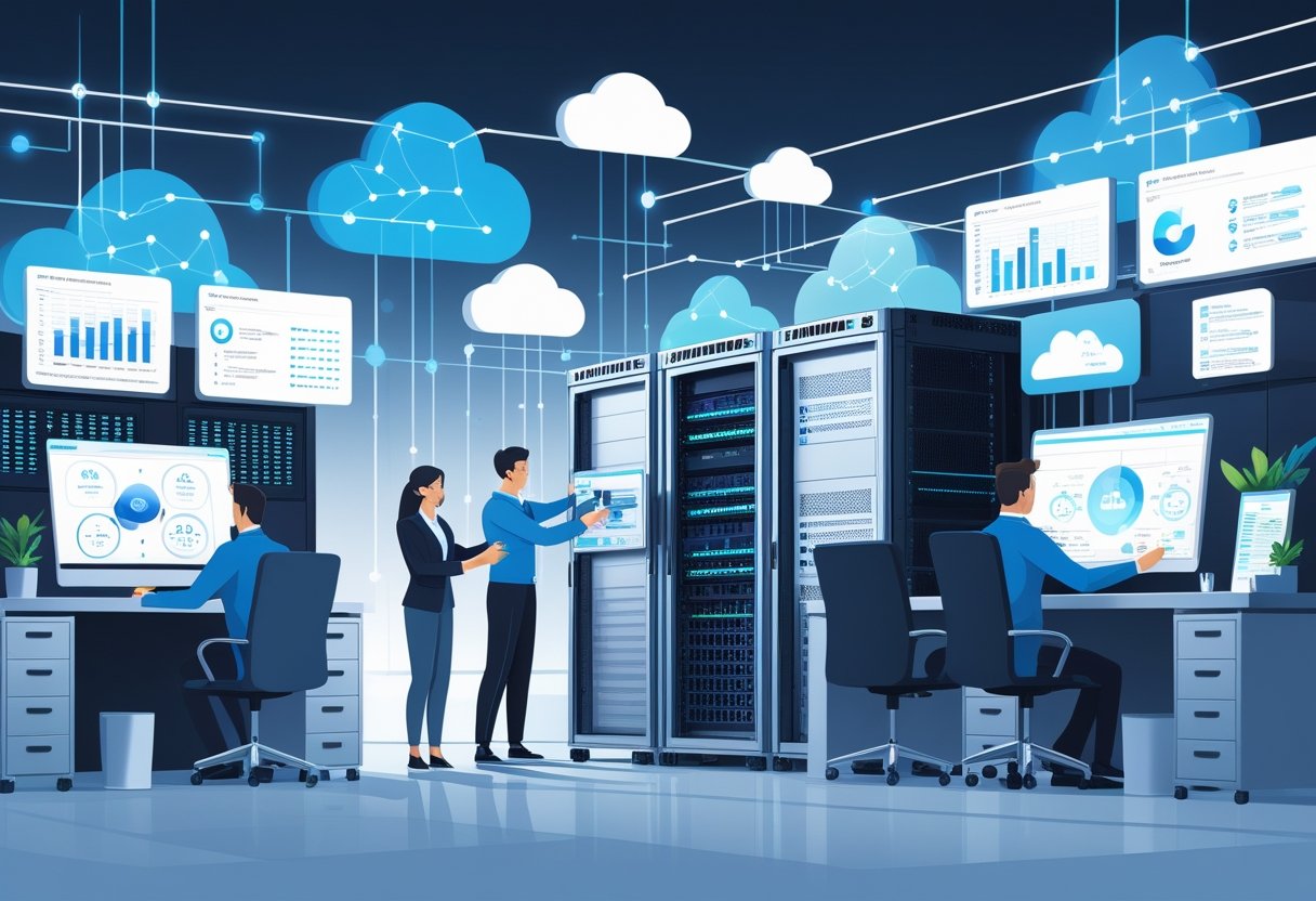 A team of IT professionals working in an office with digital screens, servers, and laptops, managing and improving IT infrastructure to support a growing business.