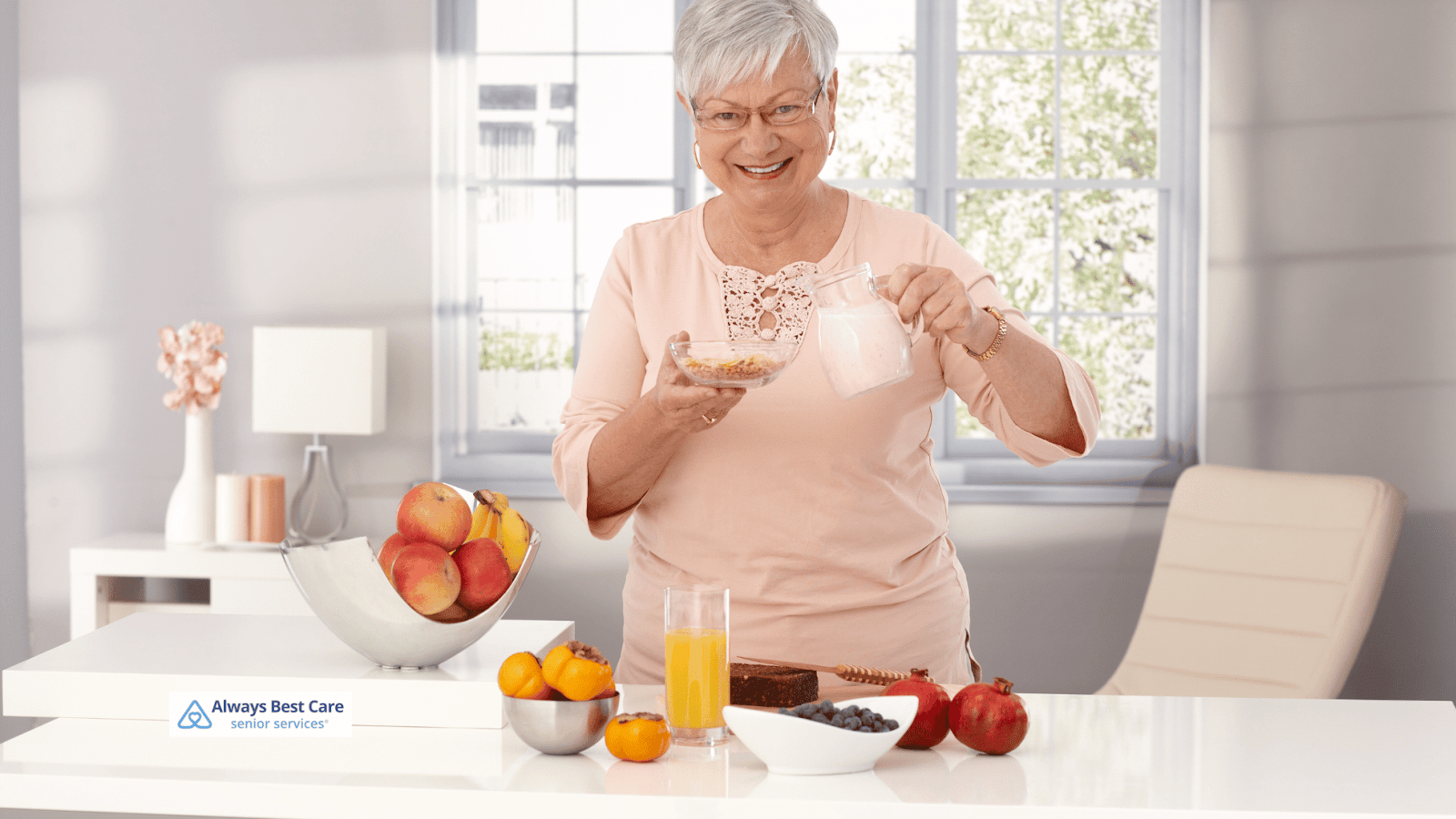 This is an image depicting a senior woman enjoying breakfast