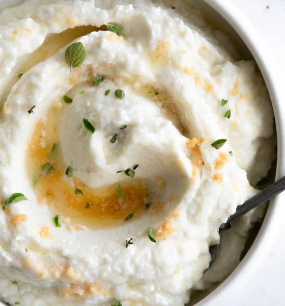 Mashed Cauliflower in grey bowl