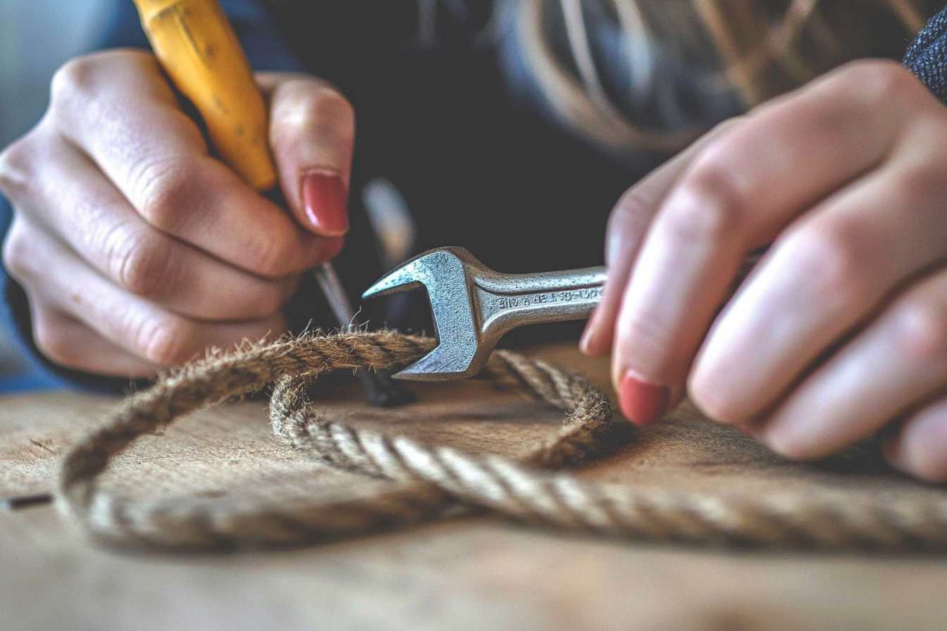 Staff supervisor attempting to cut a rope with a wrench while better-suited tools (engagement surveys, development programs) lie nearby, symbolizing the need for appropriate alternatives.