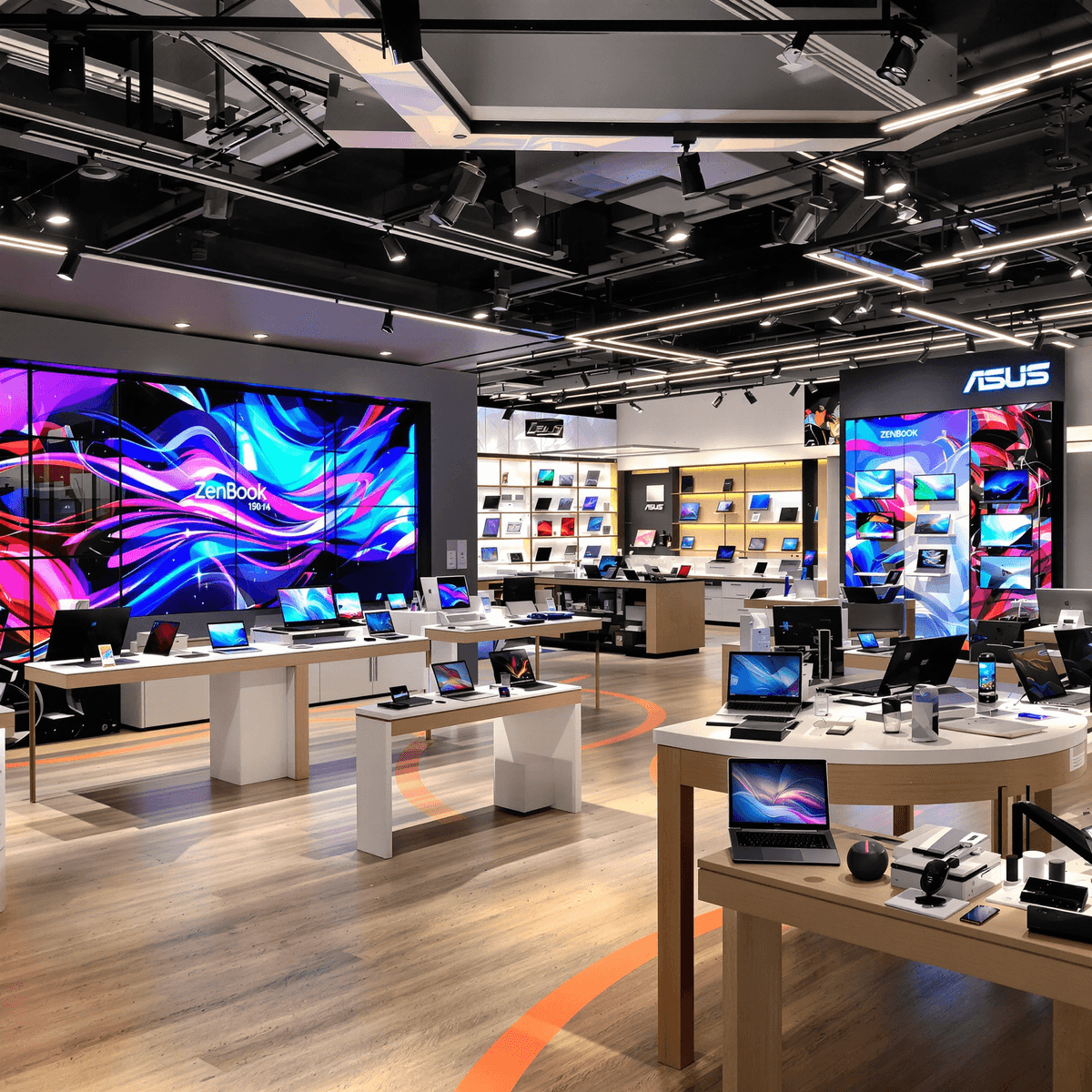 A modern Asus store interior featuring sleek ZenBook laptops, vibrant displays, high-tech accessories, and a clean layout that highlights elegance and innovation.