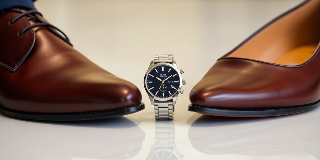 Watch and shoes elegantly matched for a complete look.