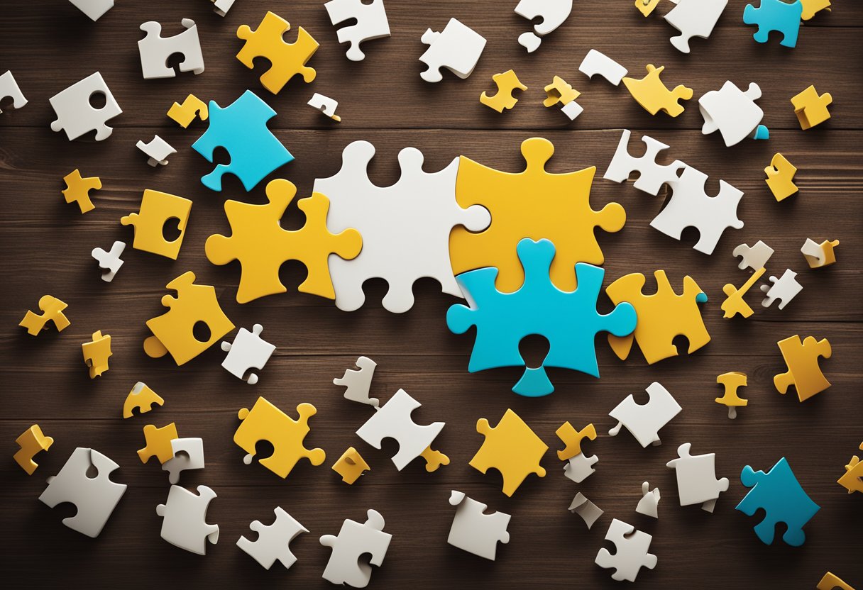 A group of puzzle pieces coming together to form a unique and tailored SEO strategy, with various tools and resources surrounding them
