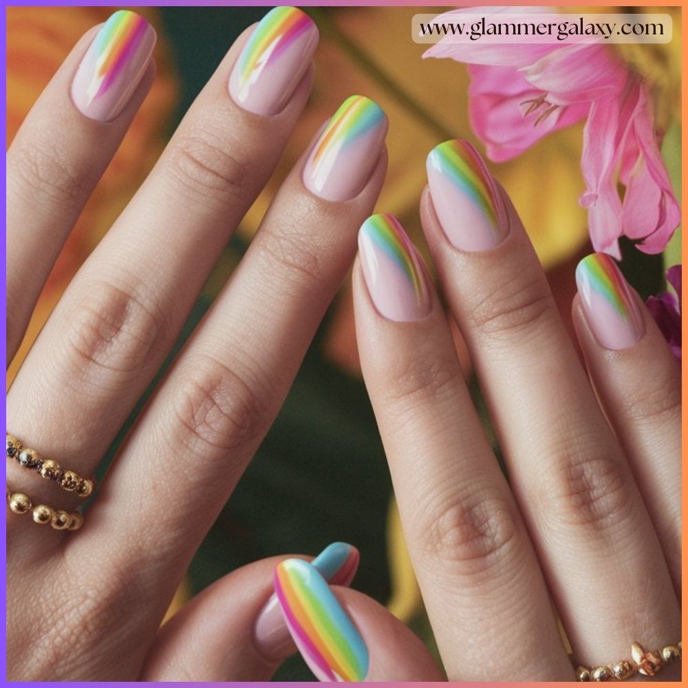 Hot summer nails having Rainbow French: