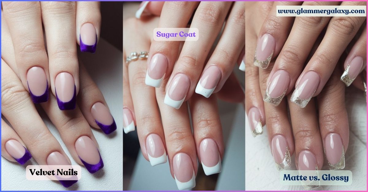 Various nail finishes displayed, including velvet, sugar coat, and matte versus glossy.