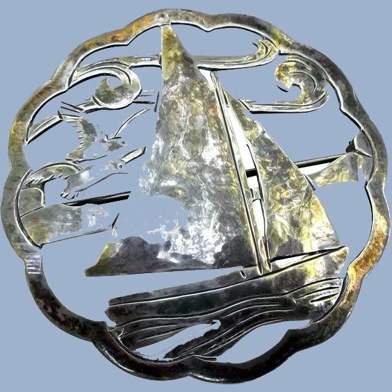 A vintage, sterling , Arts & Crafts, Sailboat brooch pin marked SGP for Stavre Gregor Panis..jpg