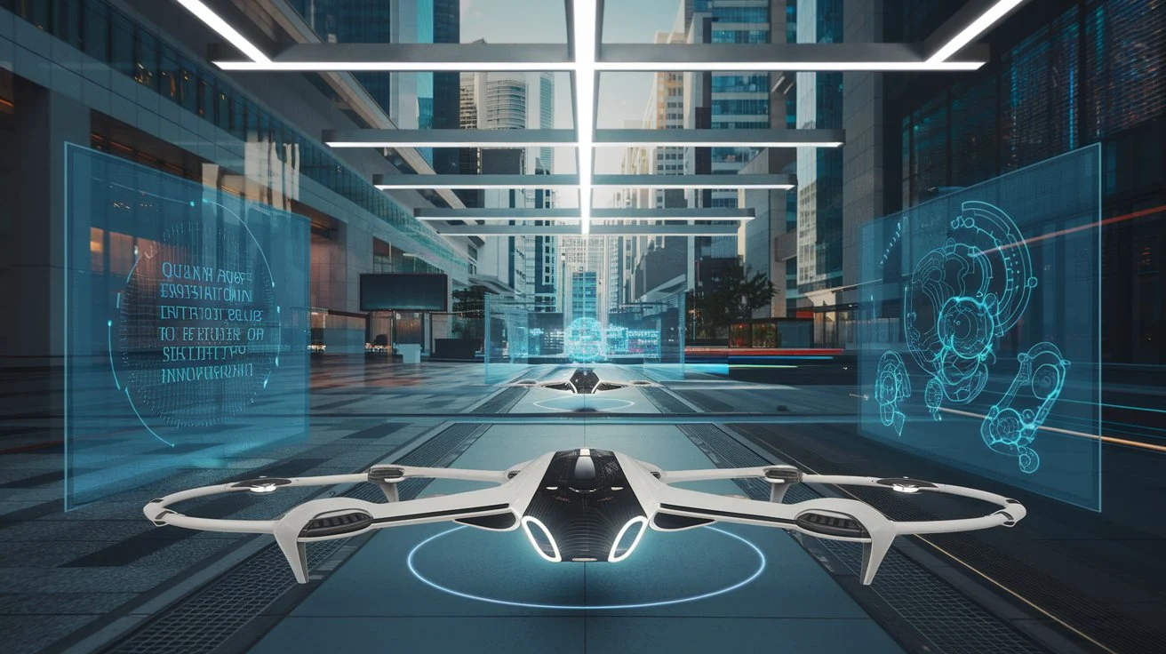 Futuristic city monitored by AI drones and robots, projecting the future of AI innovations in cybersecurity.