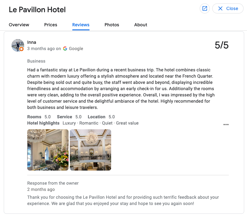 Screenshot of Google Review for Le Pavillon Hotel