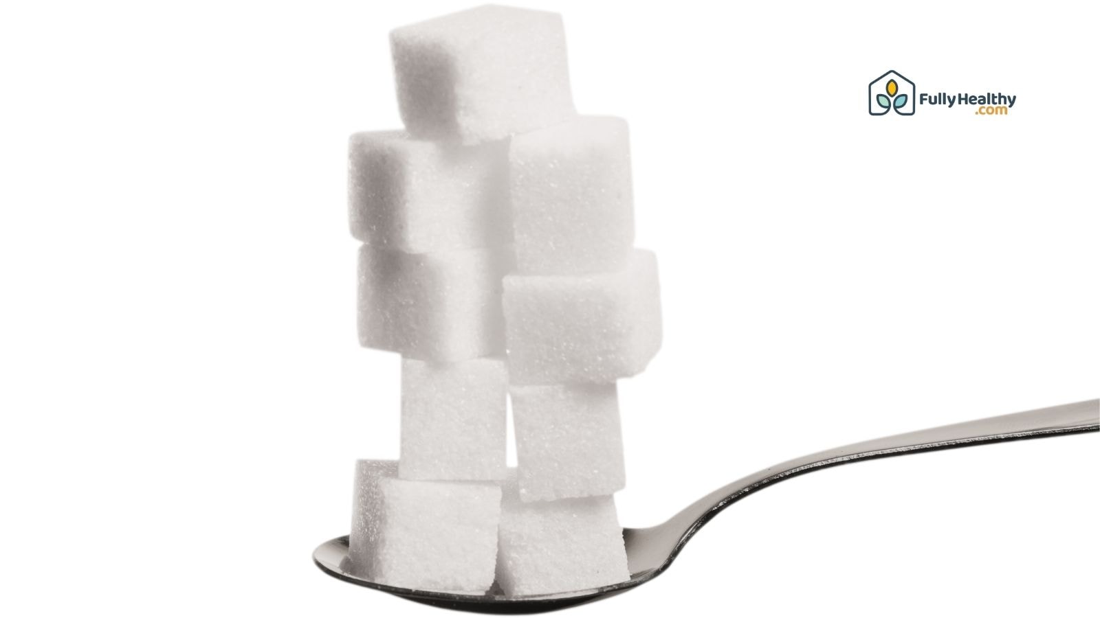 Stack of sugar cubes on a spoon with FullyHealthy logo