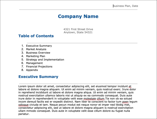 Modèle de plan d'affaires Google Documents