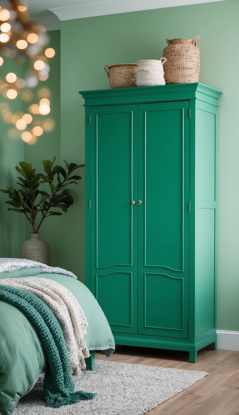 A jade green wardrobe stands in a serene green bedroom with 23 inspiring decor ideas