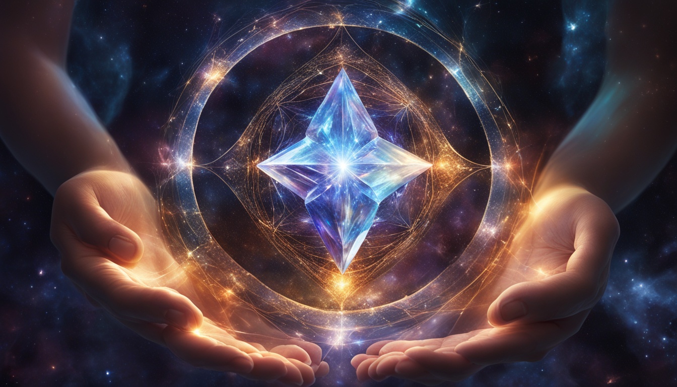 A person holding a glowing crystal in their hand while visualizing a clear image of the person they want to manifest. Surrounding them are swirling and sparkling energy fields representing the universe's power and the manifestation process. The person radiates a sense of hope, confidence, and determination. The overall atmosphere is one of magic and possibility.