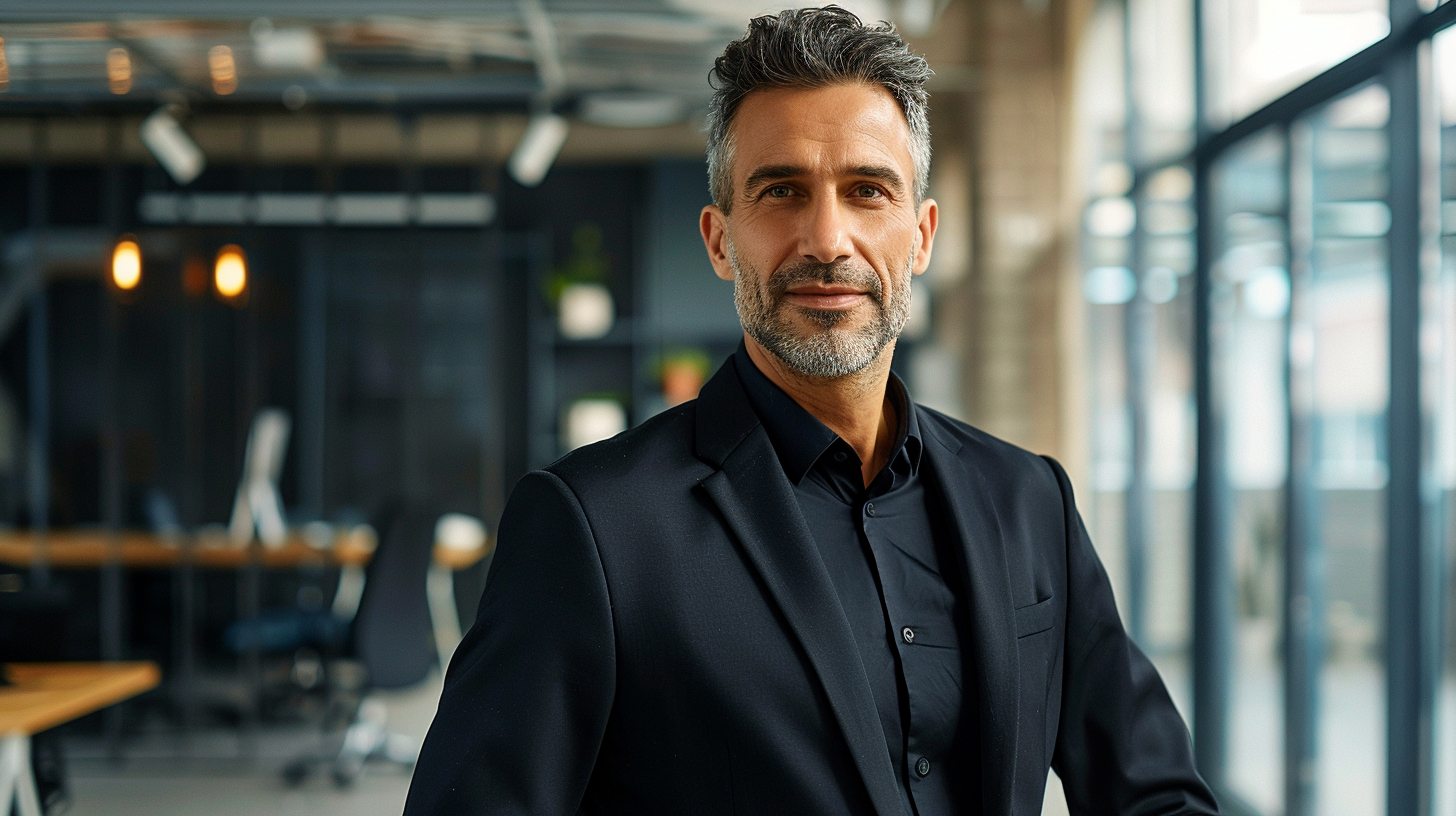 Professional man in a modern office setting wearing a black business suit, styled in a smart-casual way