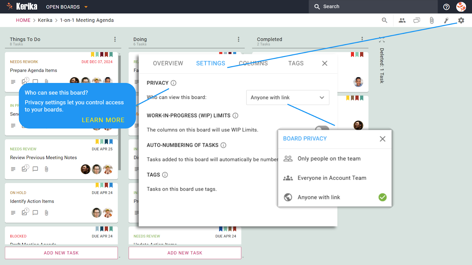 This Kerika board settings panel showcases the intuitive privacy controls, making it easy to decide exactly who can view and collaborate on your projects. See how simple it is to manage access and ensure your team has the right level of visibility, promoting seamless and secure teamwork.
