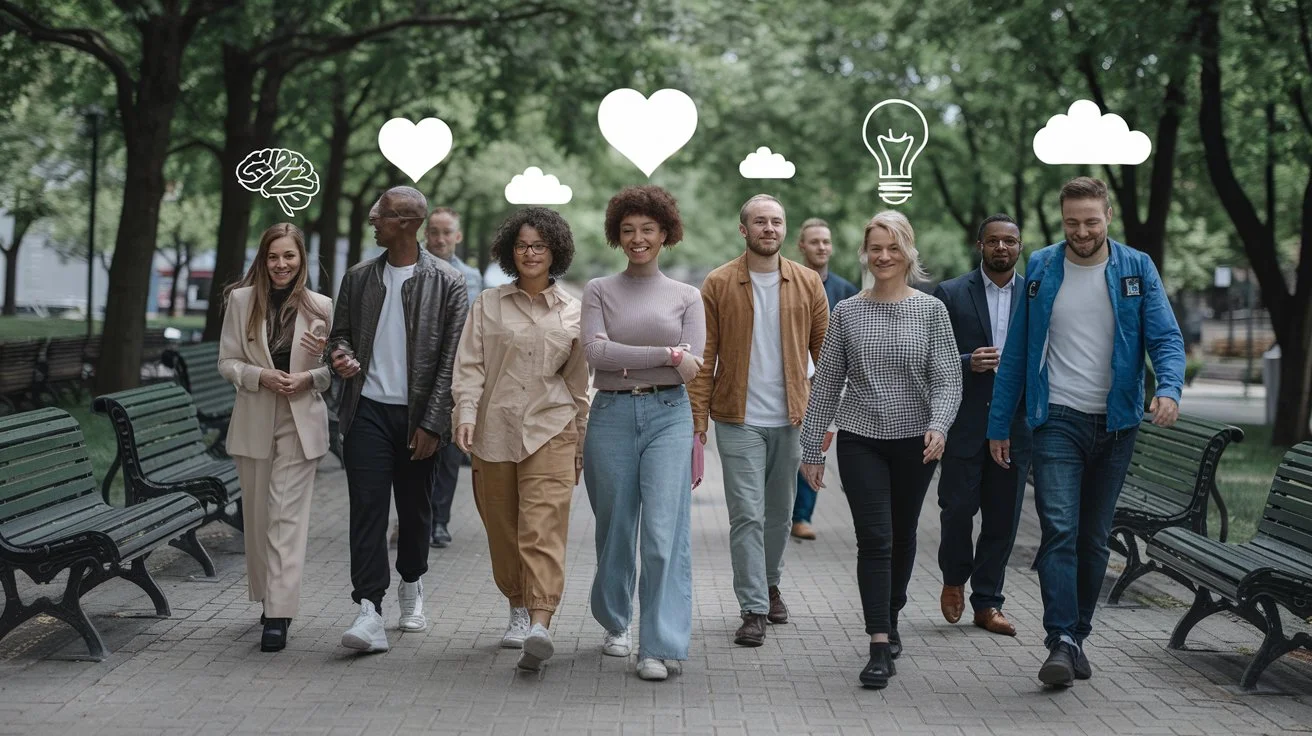 A group of diverse people smiling and walking through a park, with mental health symbols floating above their heads