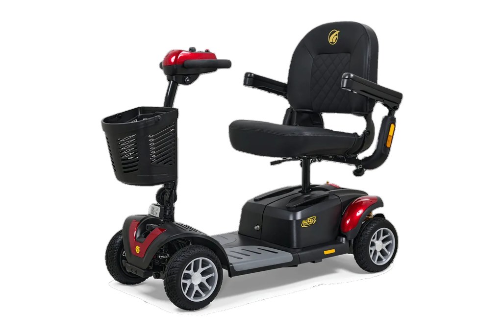 A black mobility scooter with a basket