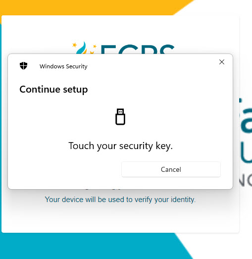 Image of the "touch the Key" screen to finish setting up a security key