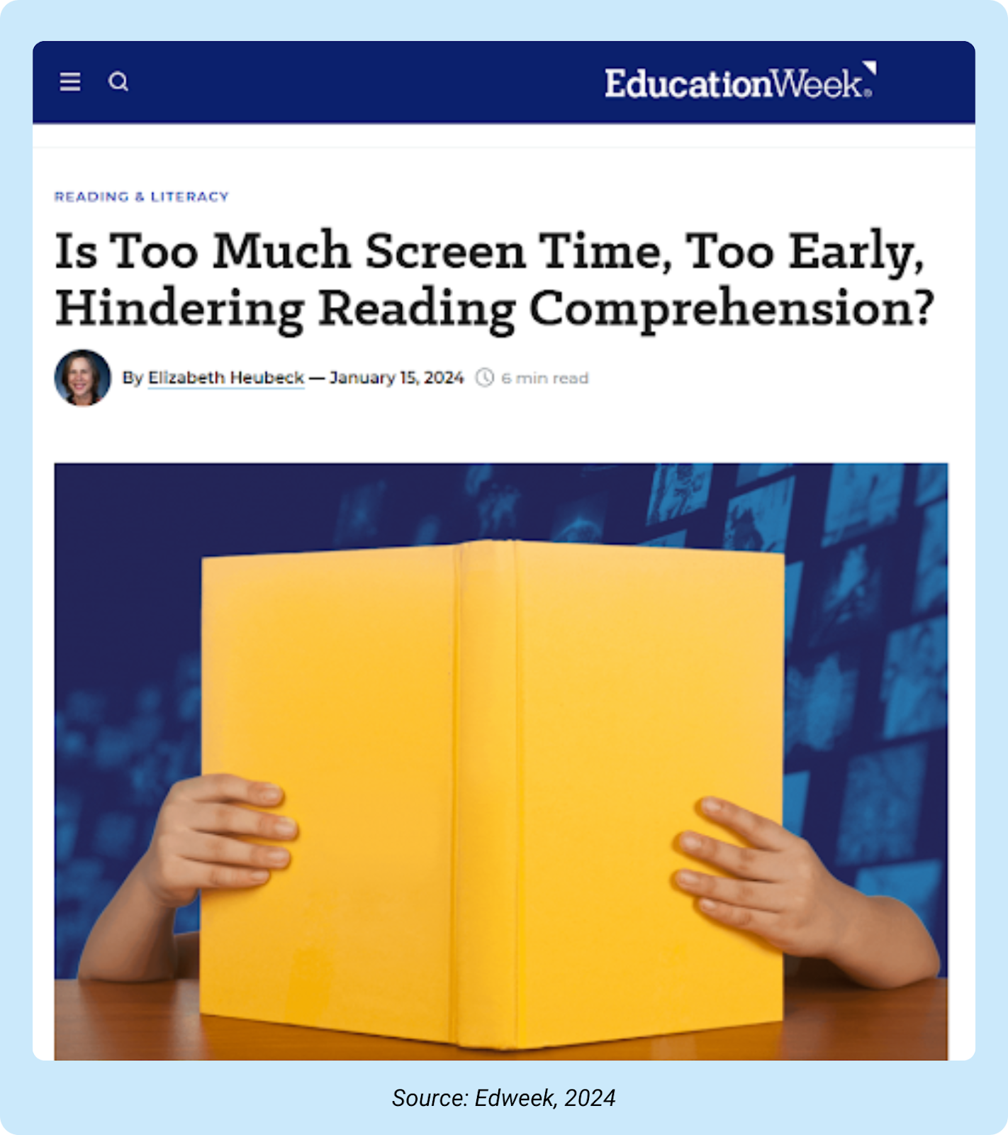 Edweek article screenshot with a child reading a book.