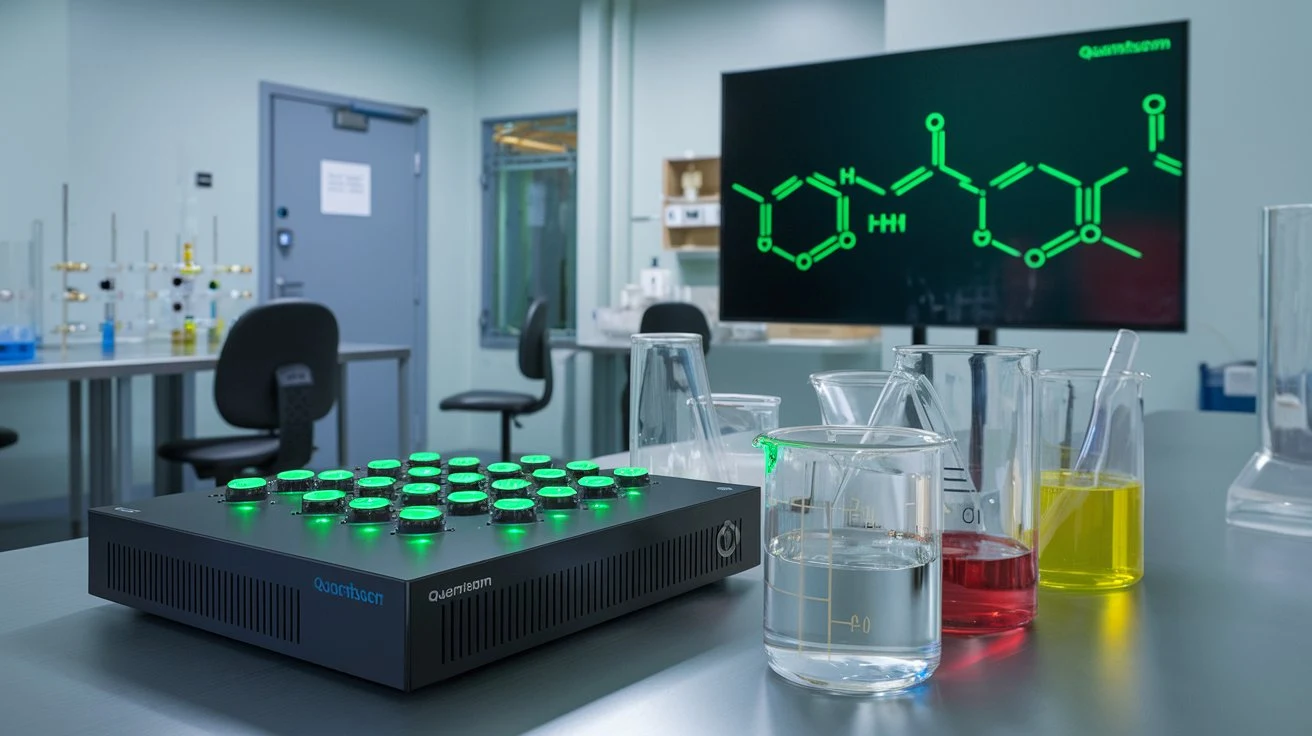 An image illustrating the application of quantum computing in material science and pharmaceuticals, featuring molecules and quantum processors.