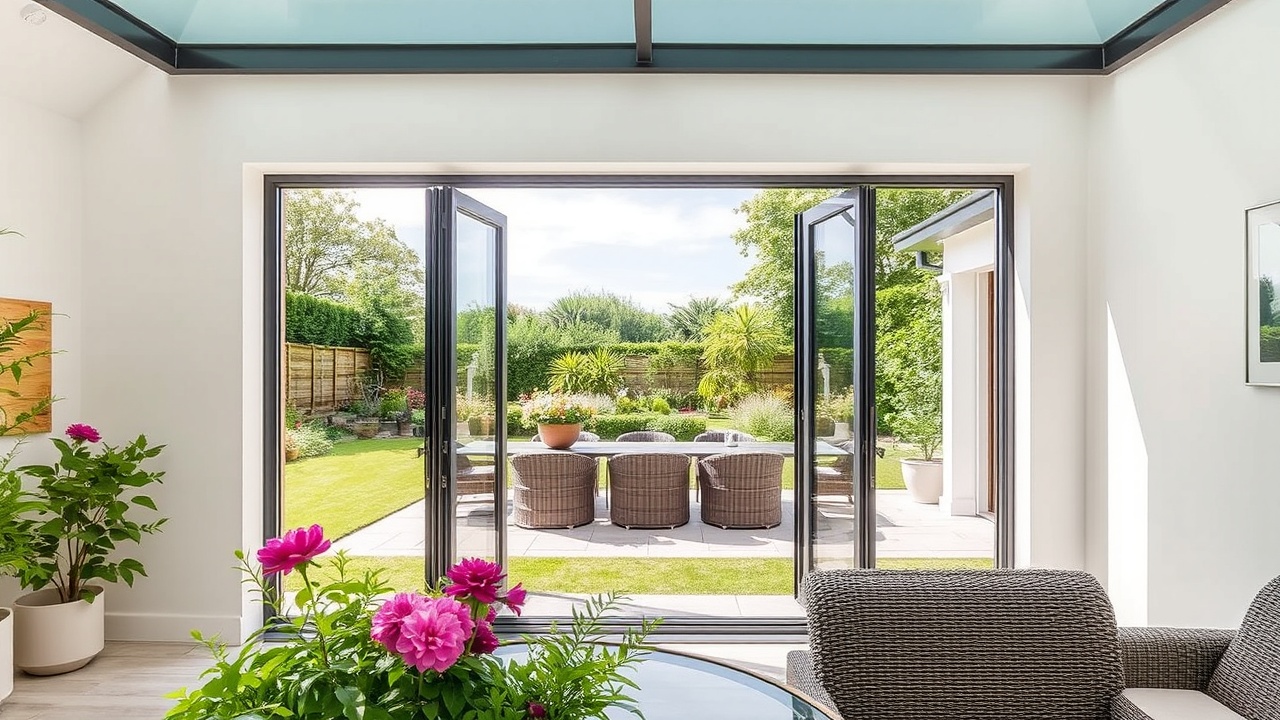 A set of aluminium bifold doors open wide to a sunny garden.