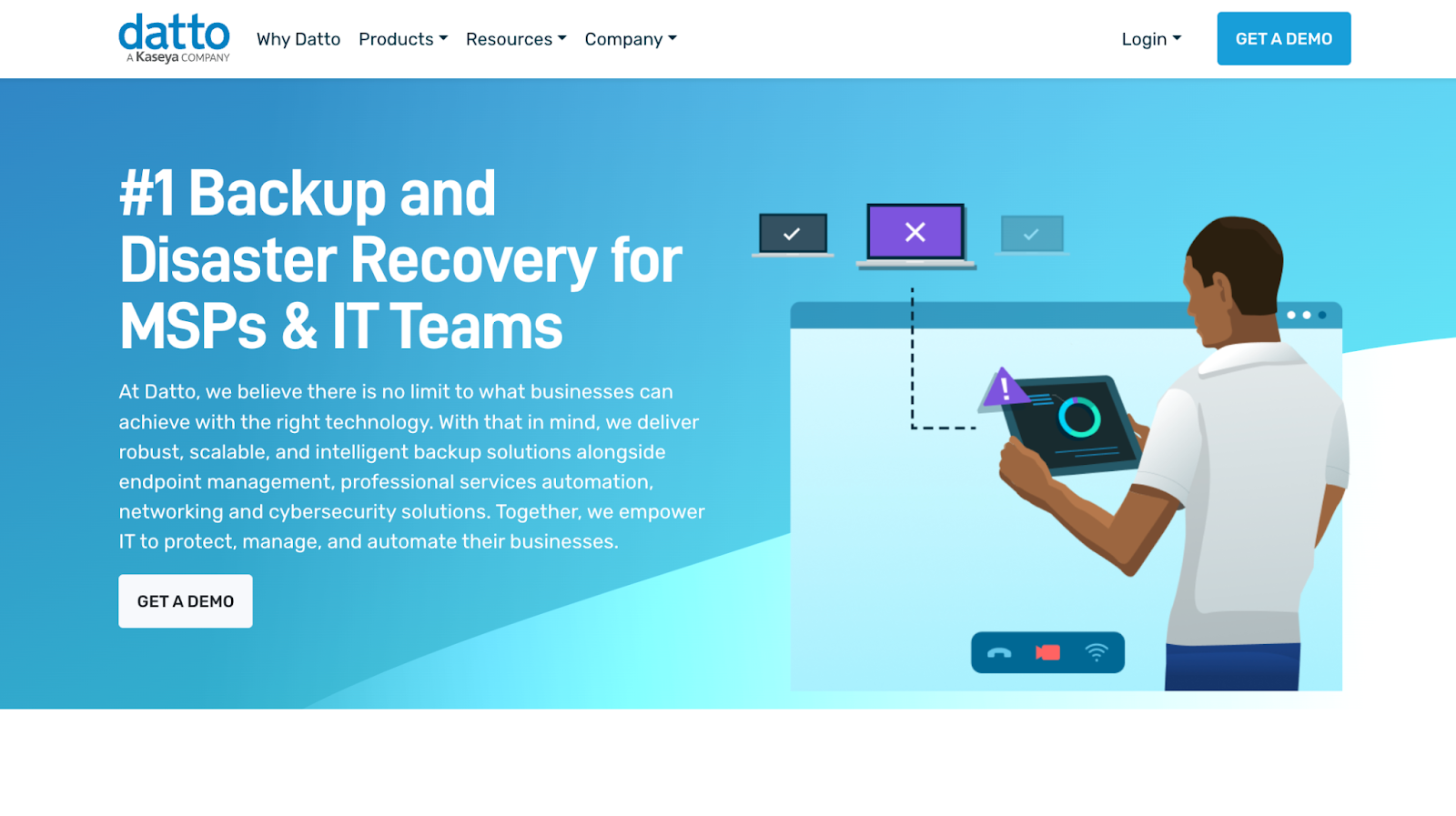 Datto homepage picture. It says, "#1 Backup and Disaster Recovery for MSPs & IT Teams."