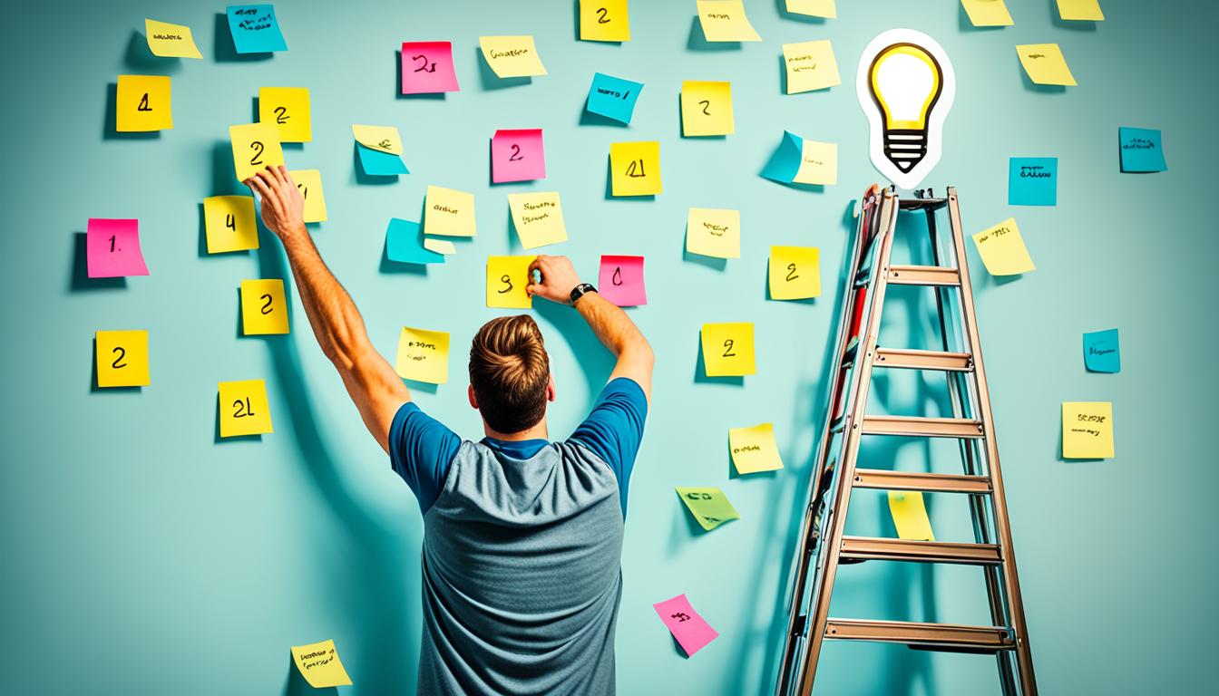 A person standing on a ladder, reaching for a bright lightbulb with one hand while holding a toolbox in the other hand. They have a determined and focused expression on their face. The ladder is placed against a wall filled with colorful post-it notes, each one representing a step towards achieving their dream job. A clock on the wall shows that time is ticking, but the person is not deterred and continues to take inspired action towards their goal.