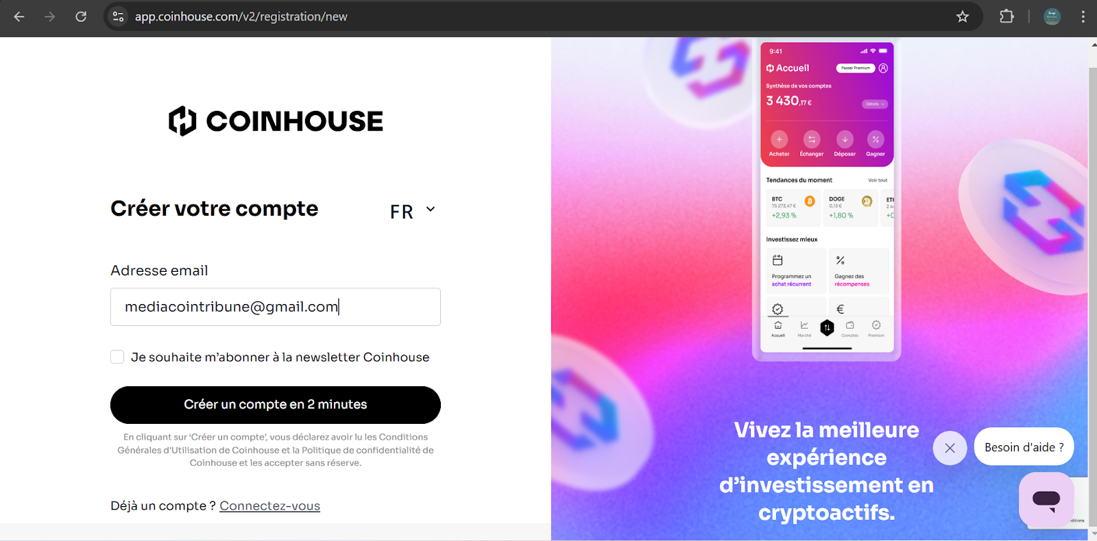 Comment créer son compte sur Coinhouse : Etape 2