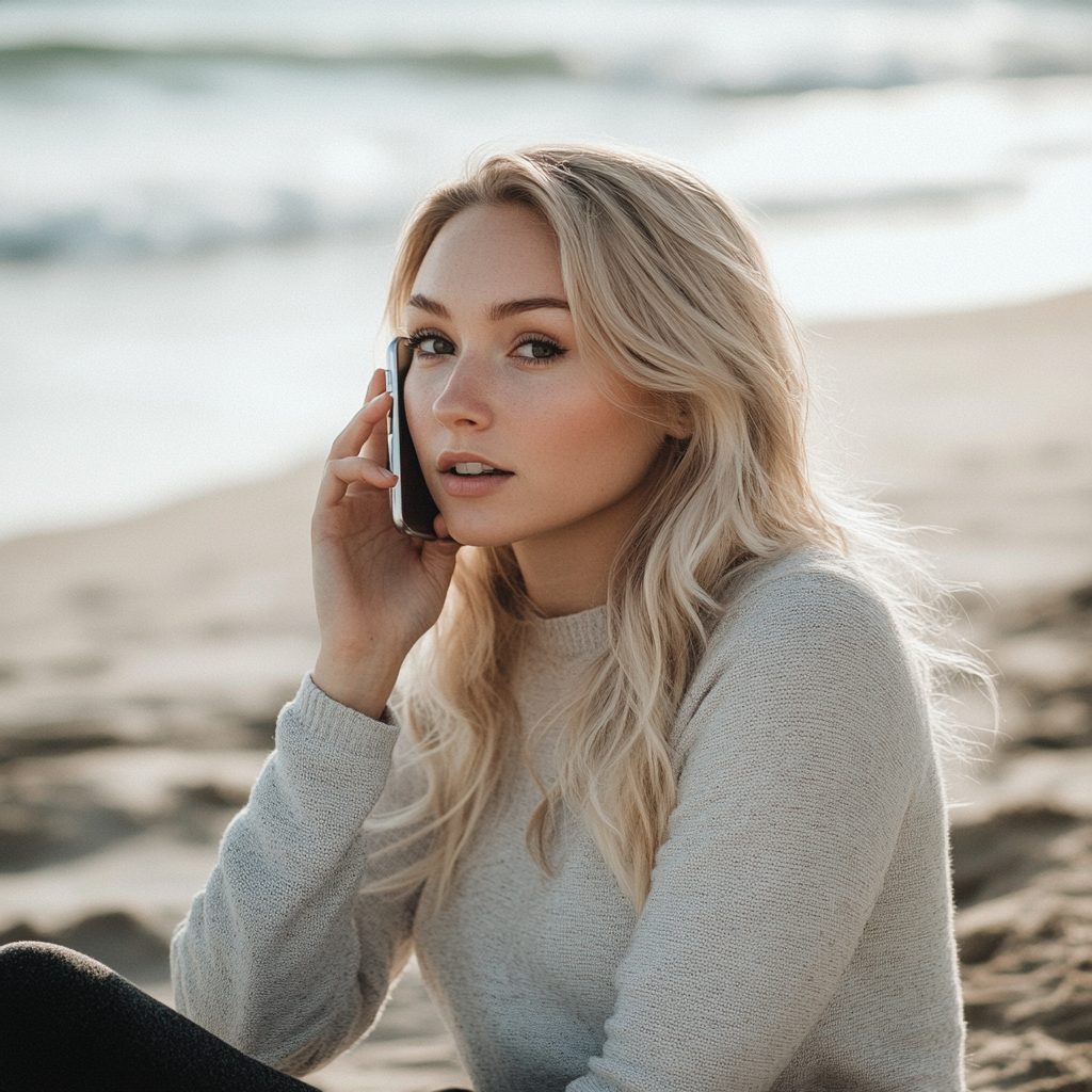 A woman talking on her phone at the beach | Source: Midjourney