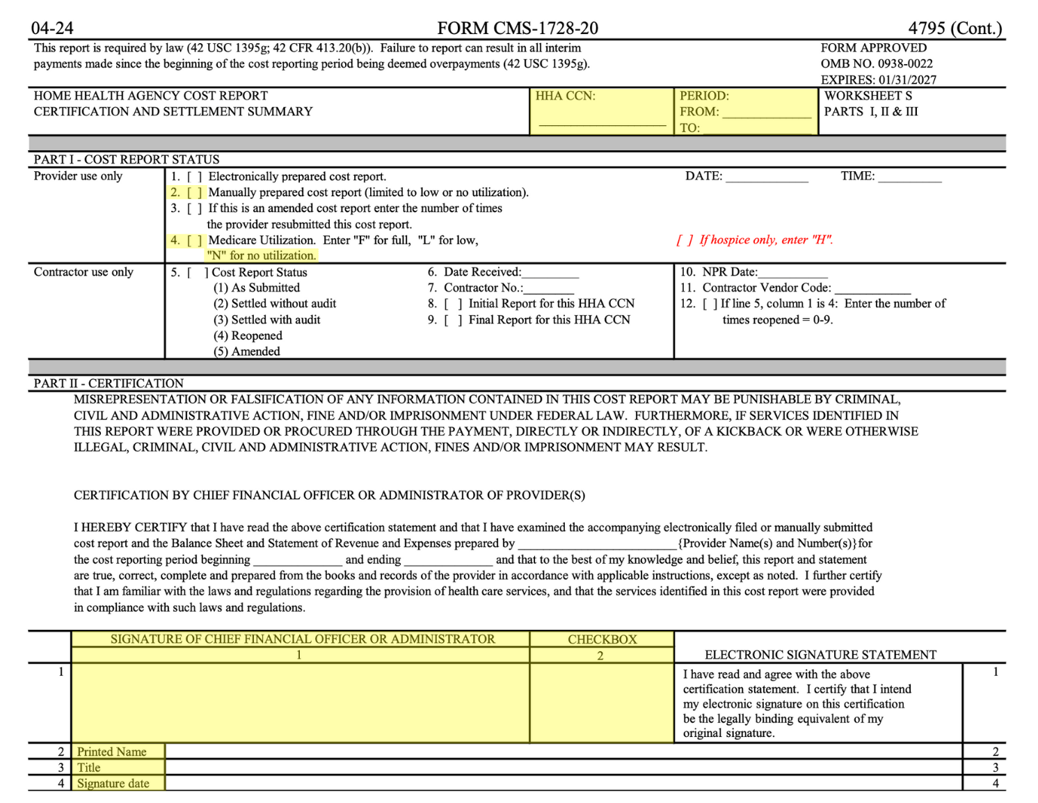 Sample no-utilization home health Medicare cost report,