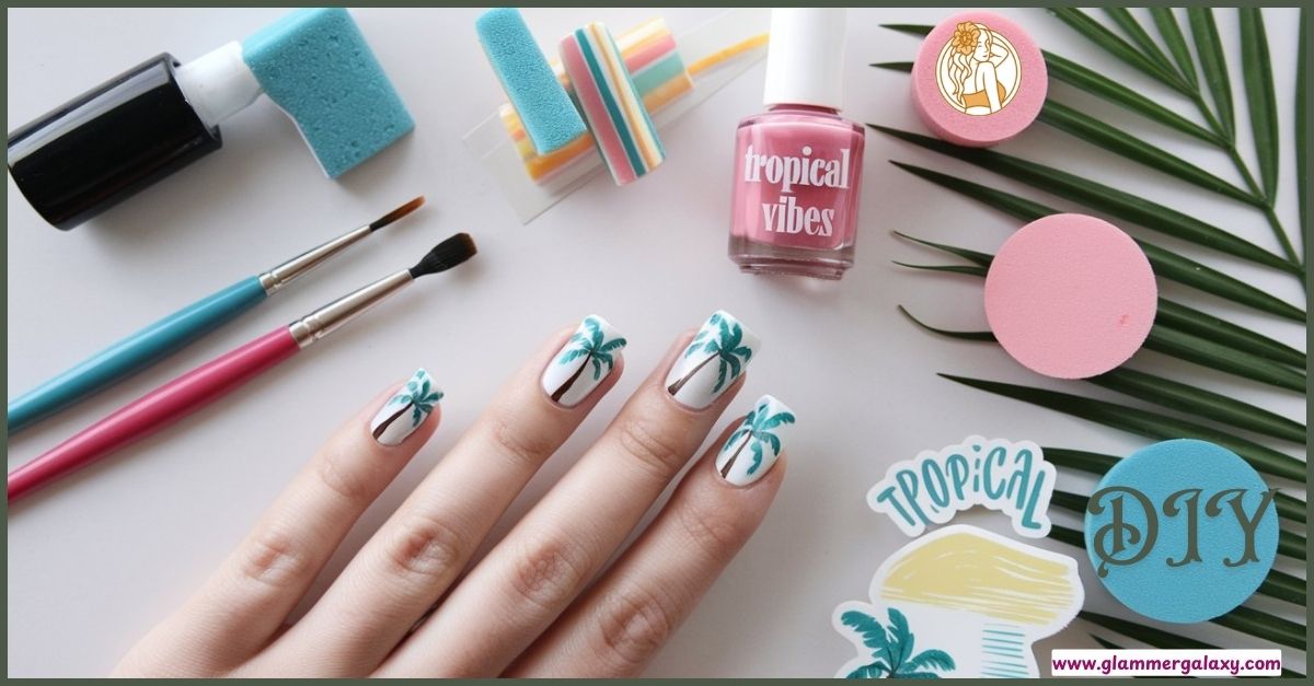 Hand with tropical nail art, tools, polish, and guide on white surface with palm leaf.