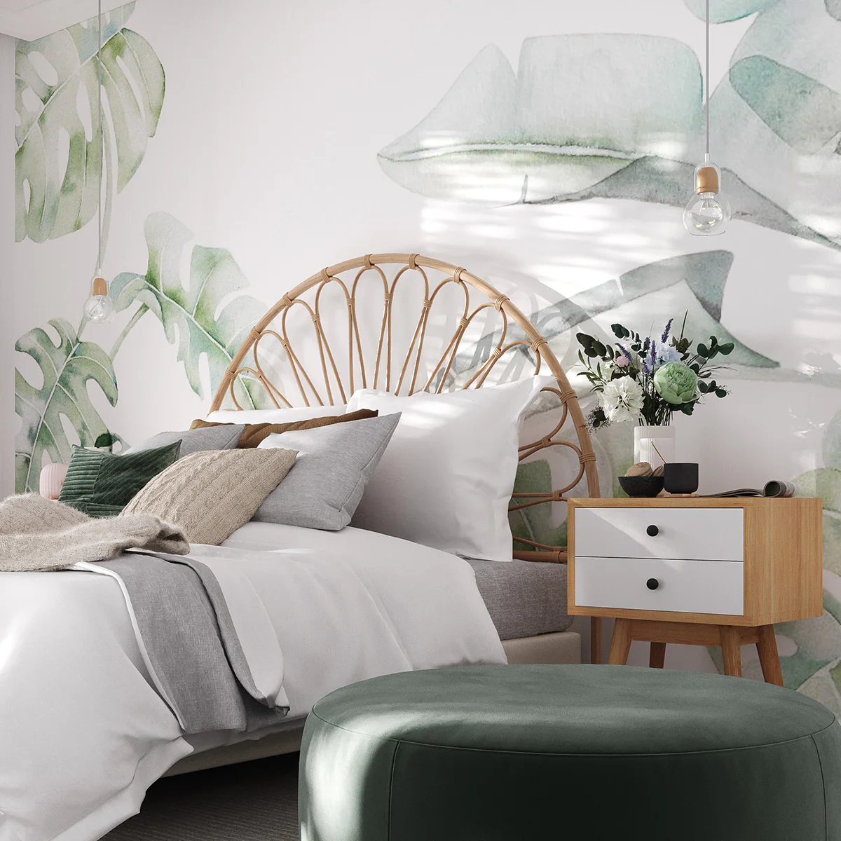 big foliages wallpaper in room with rattan furniture