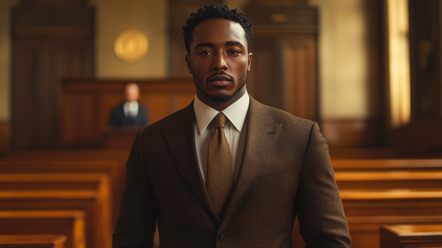 
A man wearing a perfectly tailored dark brown suit, paired with a crisp white dress shirt and a subtle earth-toned tie. He stands confidently in a formal courtroom, surrounded by polished wooden benches and a judge’s podium in the background. His expression is composed and respectful, exuding professionalism and seriousness. Soft, natural lighting highlights the rich texture of the suit, creating a refined and balanced look. Ultra-realistic, cinematic lighting, 4K resolution