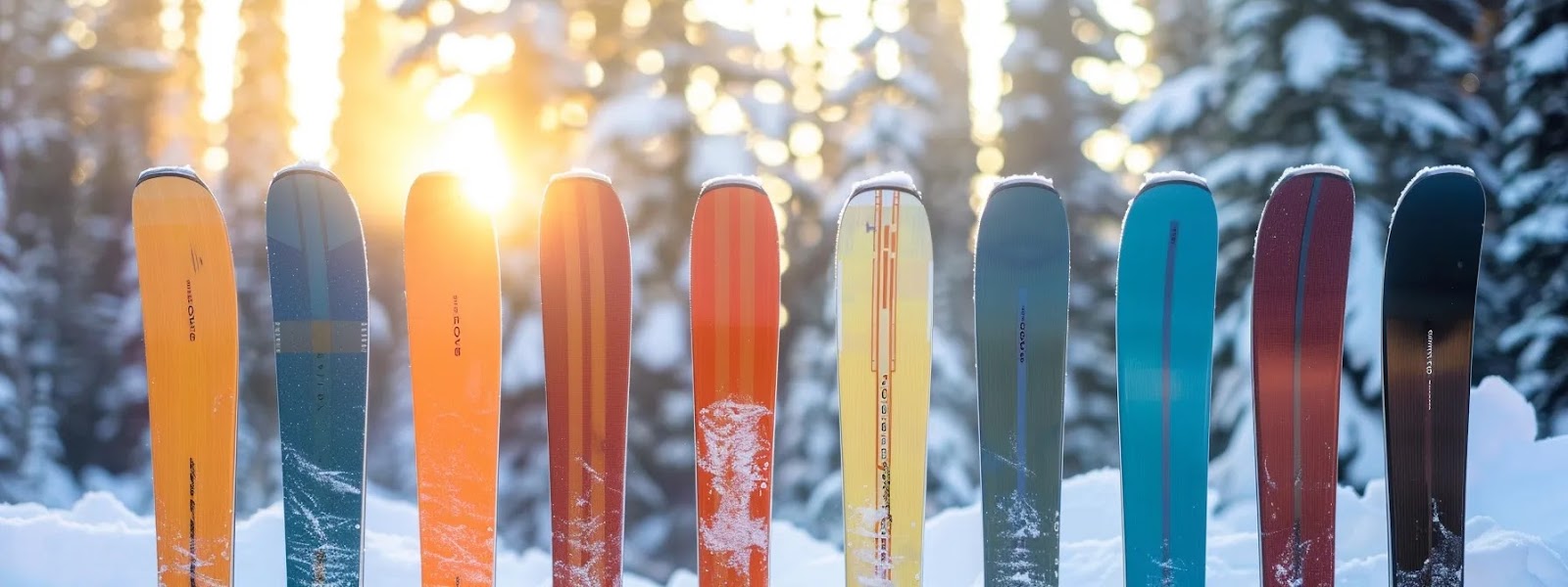 a lineup of top women's backcountry skis showcasing a variety of designs for different skill levels, from stable options for beginners to high-performance skis for experienced skiers.