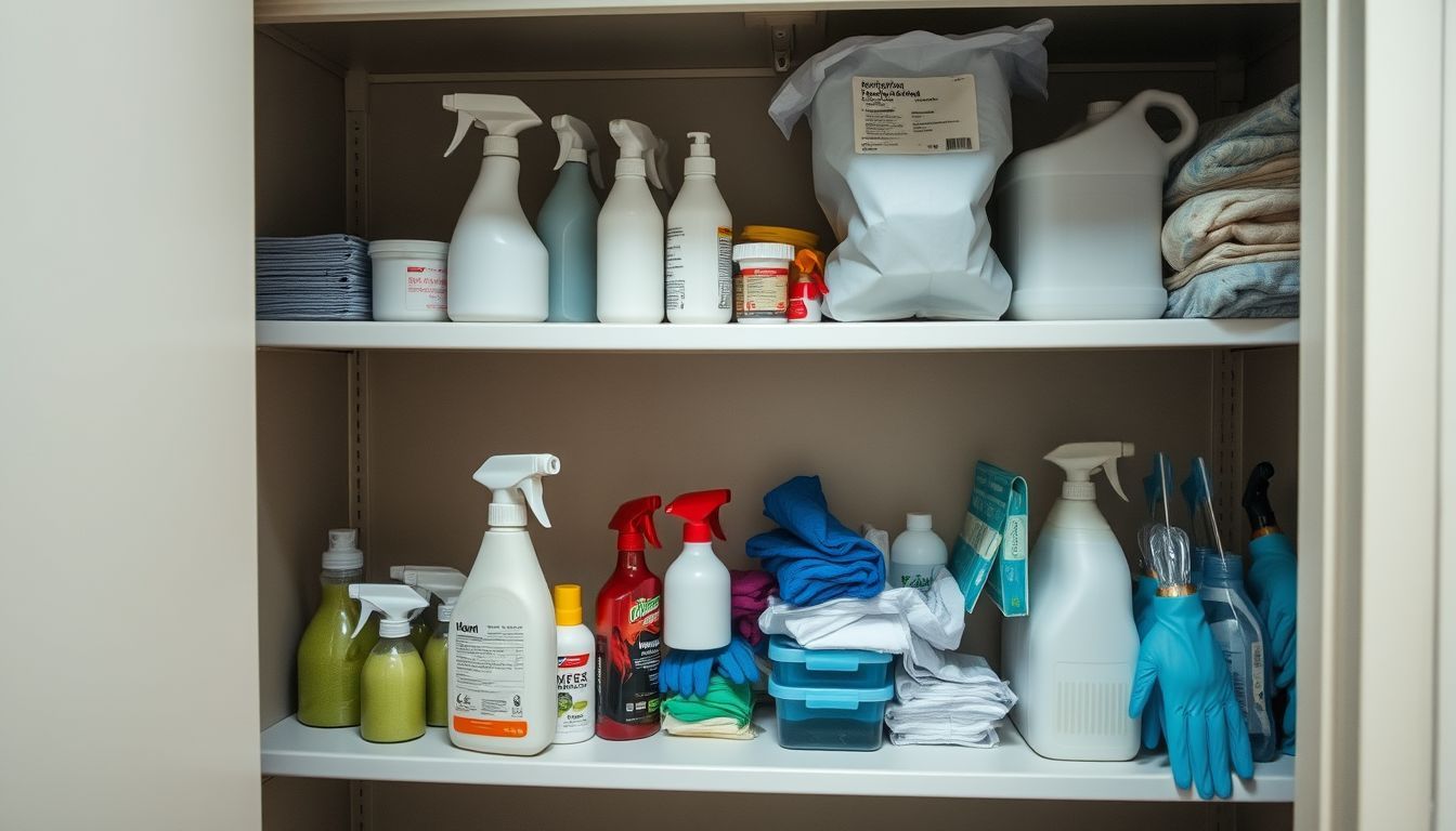 A hospital janitorial closet with organized cleaning supplies for maintenance.