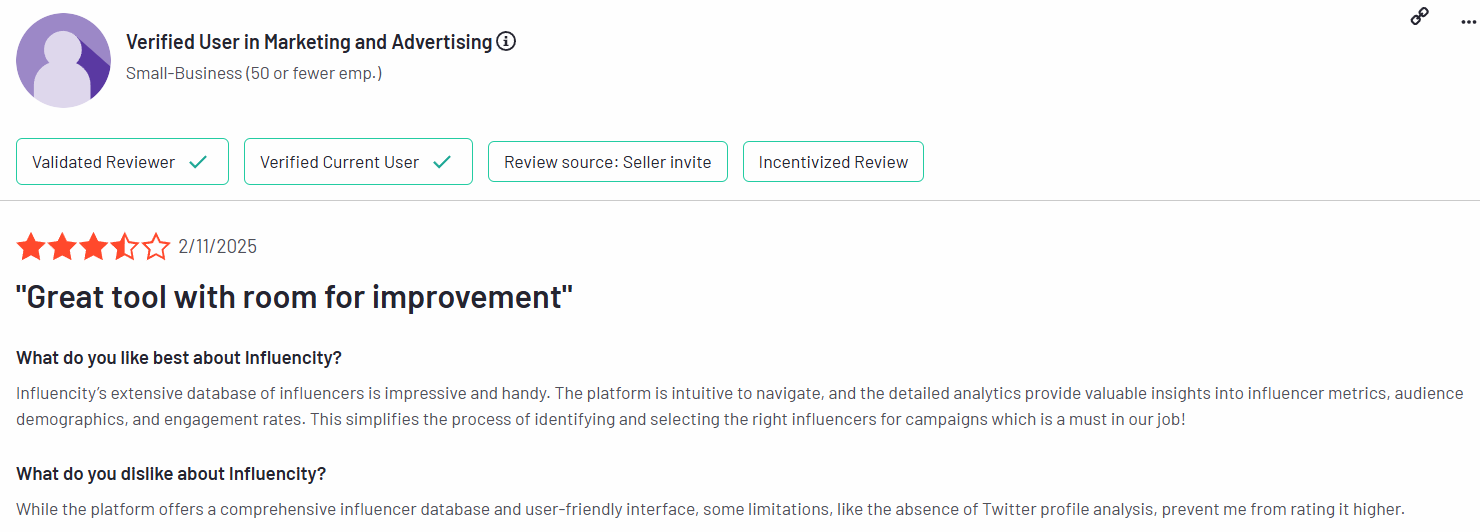 Influencity user reviews on G2