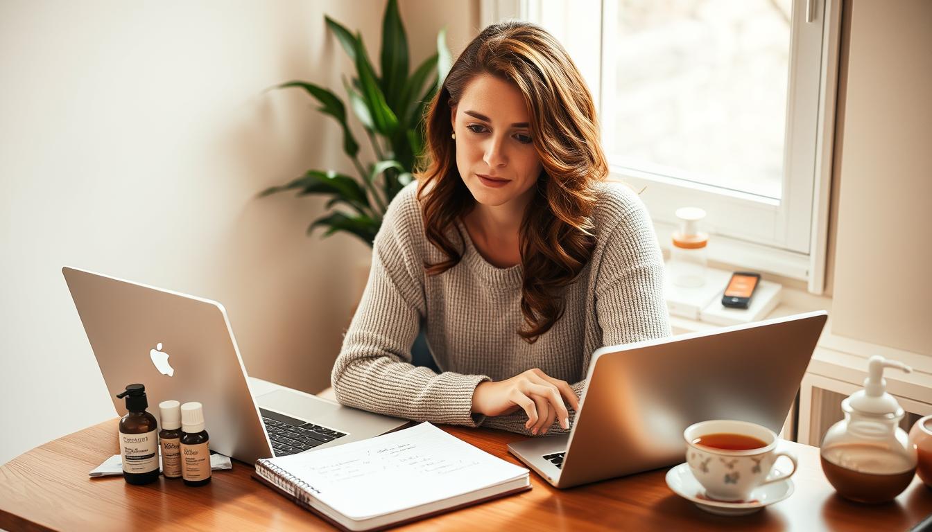 Woman researching if sandalwood is safe for face use on her laptop