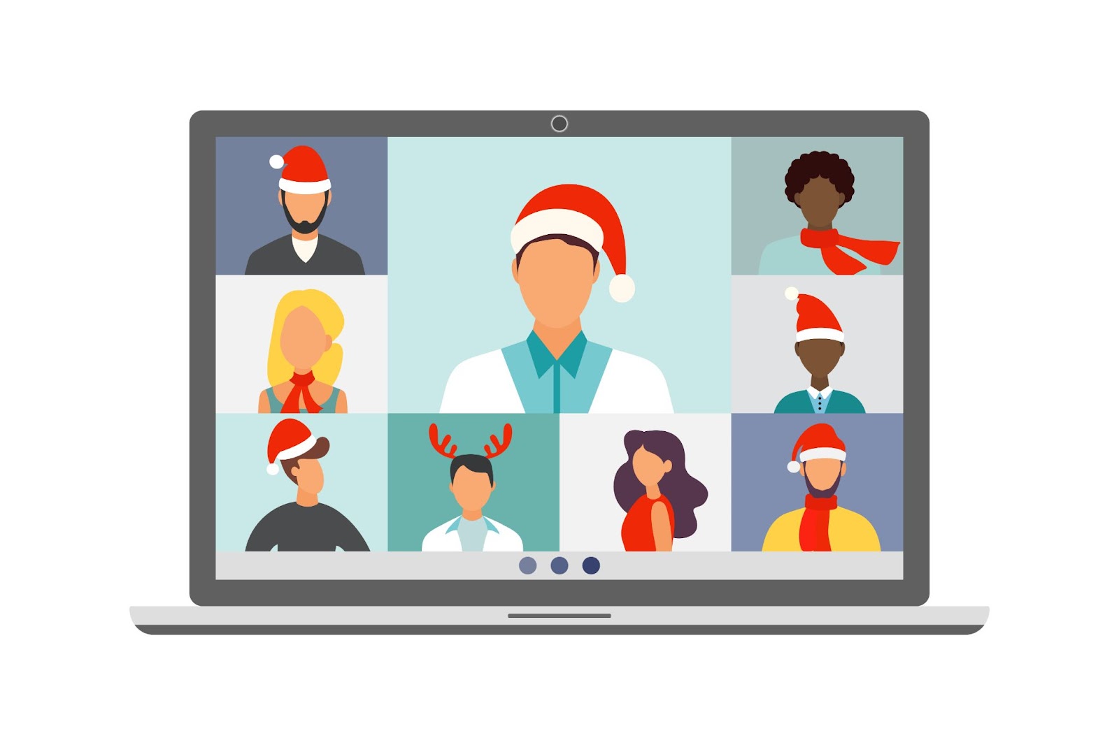 (Illustration of a virtual meeting on a laptop screen, showcasing a creative photo with nine participants wearing festive hats and accessories, such as Santa hats and reindeer antlers.)