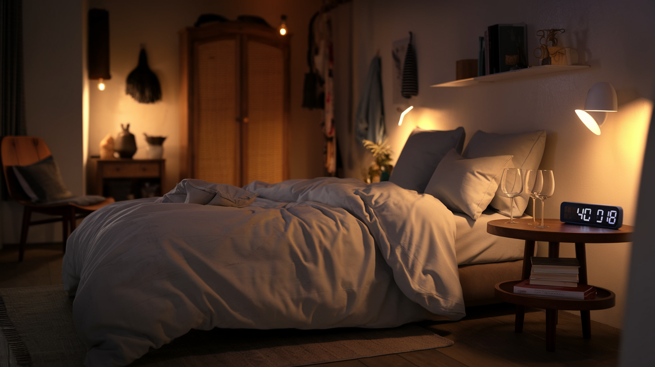 Create a realistic image of a cozy, dimly lit bedroom with warm, ambient lighting, showing rumpled bedsheets and two empty wine glasses on a nightstand, with a digital clock showing late evening time, creating an intimate atmosphere that suggests romance and connection at the end of the day.