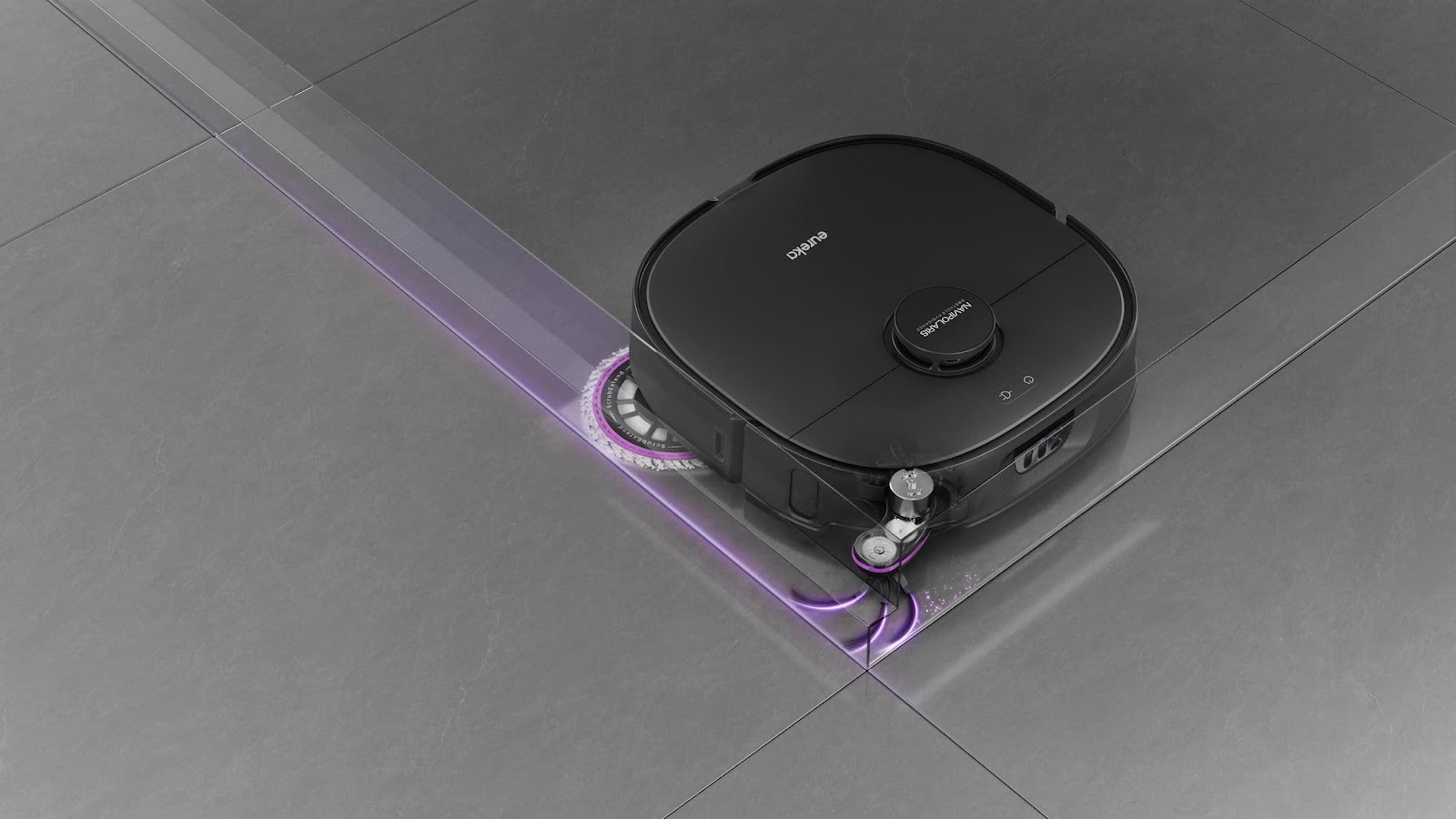 A robotic vacuum cleaner on a tile floor

Description automatically generated