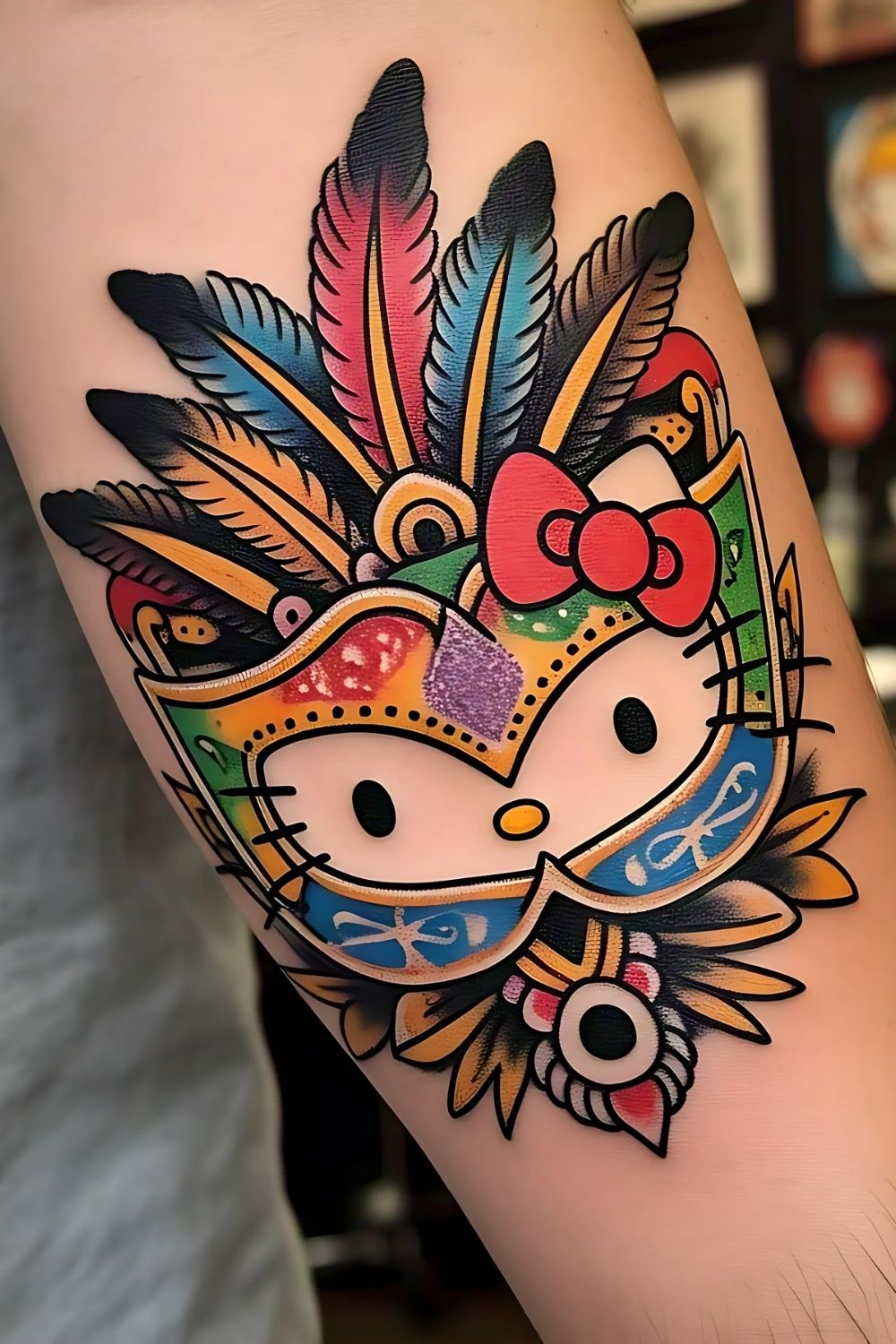 Hello Kitty in a Carnival Mask Tattoo
