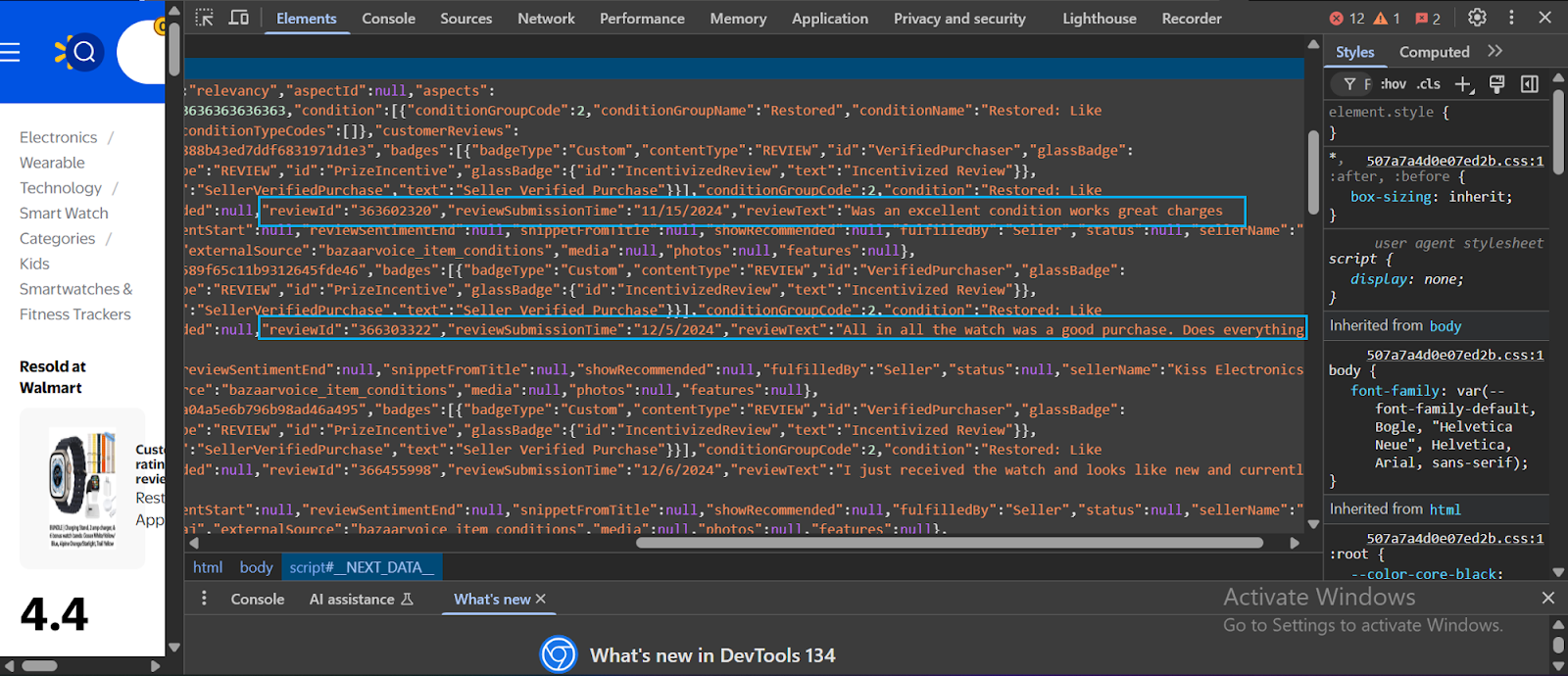 Using web development tools to find reviews from costumers