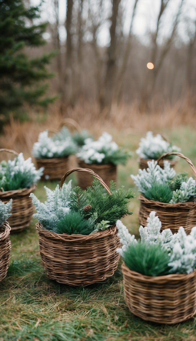 A collection of rustic twig baskets filled with winter plants and greenery, arranged in a natural outdoor setting