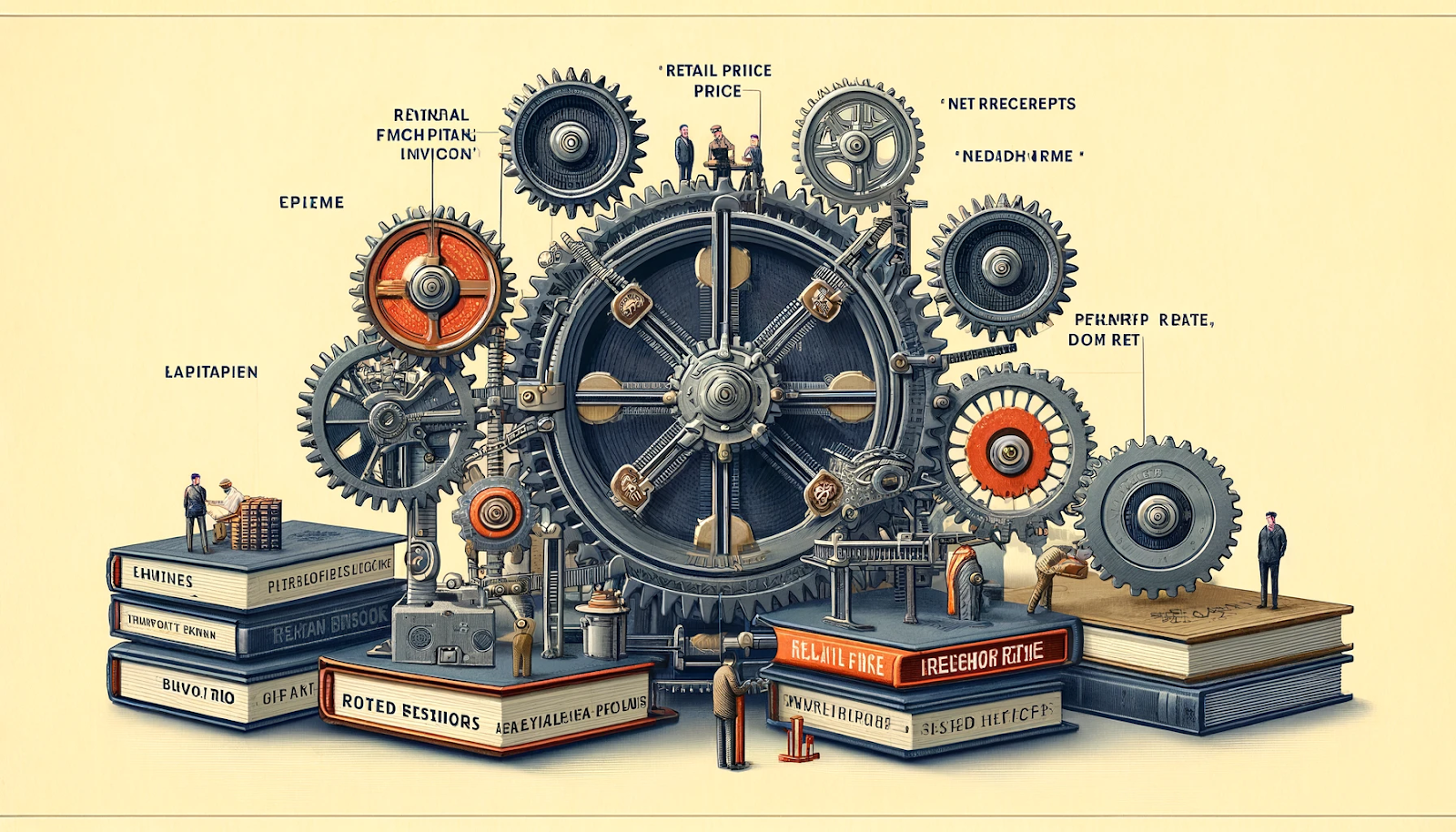 Steampunk-style gears and machinery built on books, symbolizing the publishing industry's mechanics.