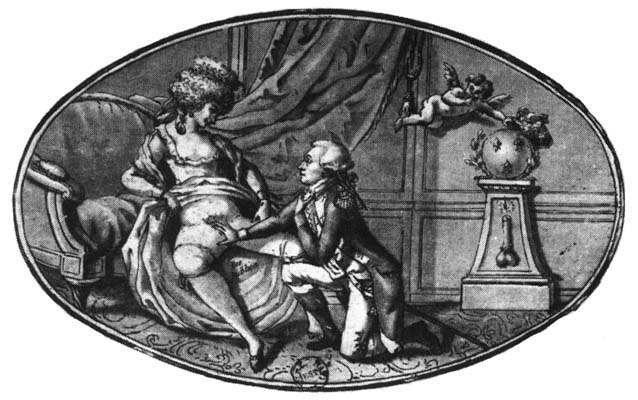 Above is a cartoon from 1789 showing General Lafayette on bended knee fondling the exposed “res publica” of Marie Antoinette. Via