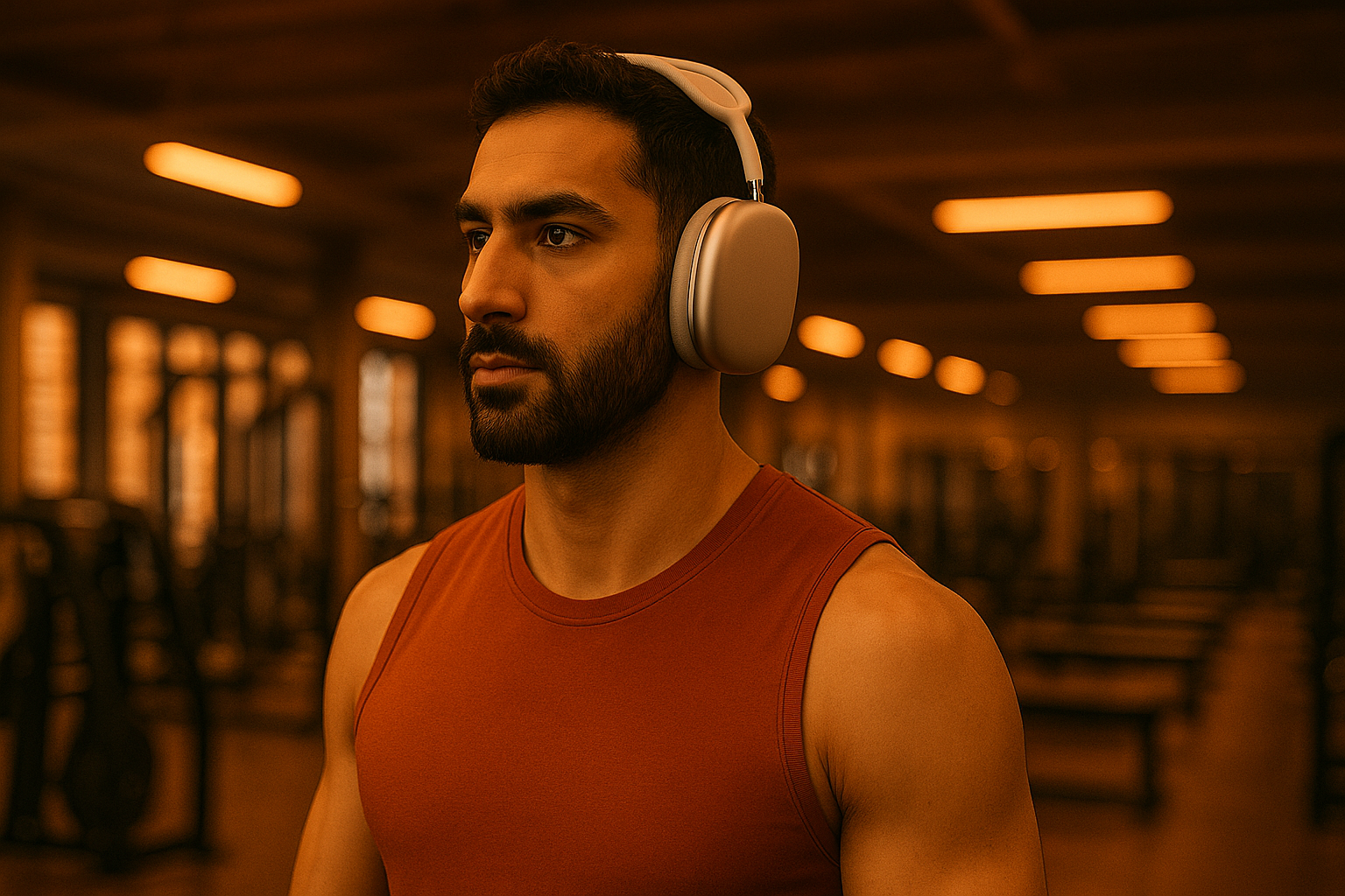 رجل يرتدي سماعات AirPods Max أثناء التركيز في تمرين رياضي منزلي