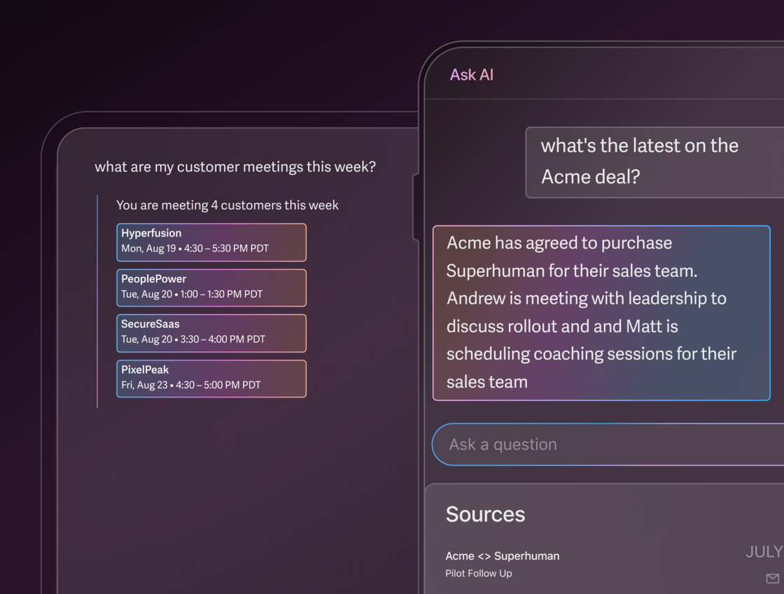 A Superhuman Sales interface displaying a list of upcoming customer meetings on the left.