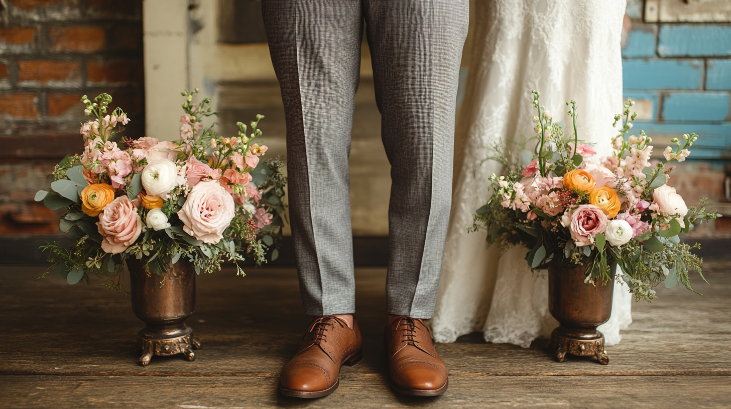 A full-body shot of man wearing grey suits with brown shoes standing confidently in a wedding scene.