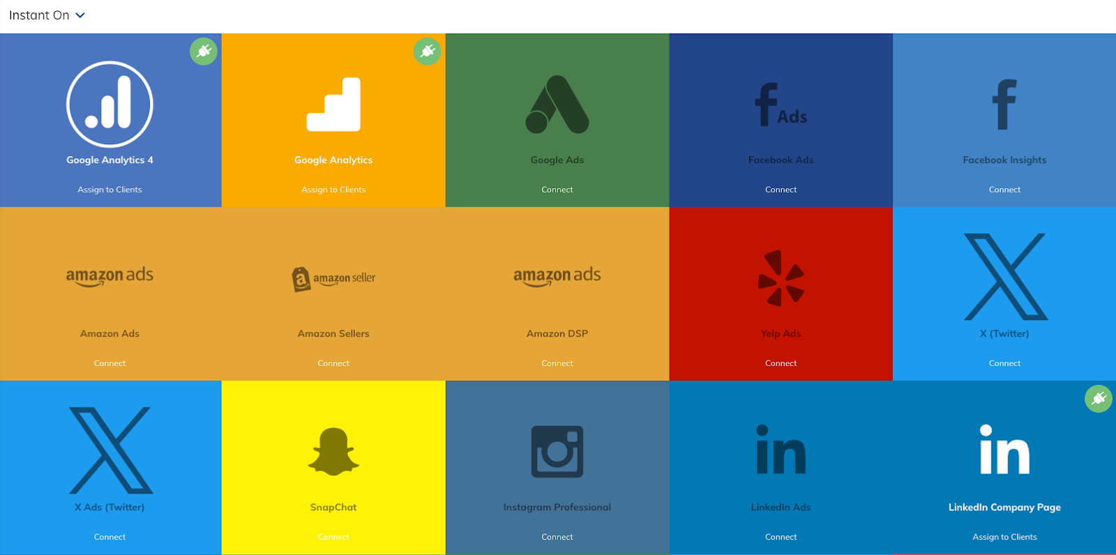 A TapClicks dashboard showing Instant On data connectors like Google Analytics, Amazon Ads, and LinkedIn Ads. This highlights the role of analytics tools in ecommerce and how they integrate customer data platforms to manage multiple sources.