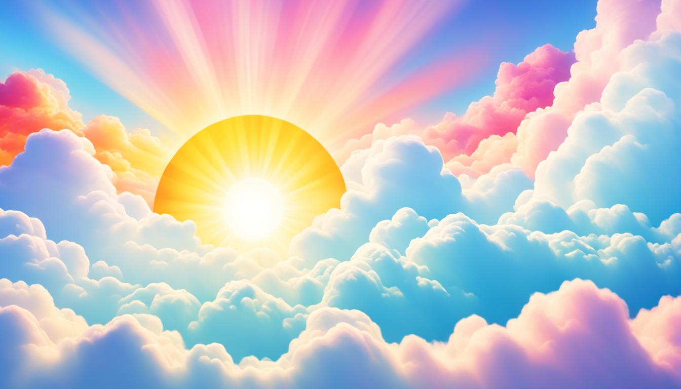 A sun rising over clouds, symbolizing a new day and a fresh start. The clouds represent past negative thoughts and the sun represents the positive mindset that comes with manifesting abundance.