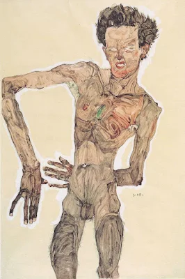 Egon Schiele, Autoritratto (1910; matita, carboncino, pennello e guazzo su carta, 558 x 367 mm; Vienna, Albertina)